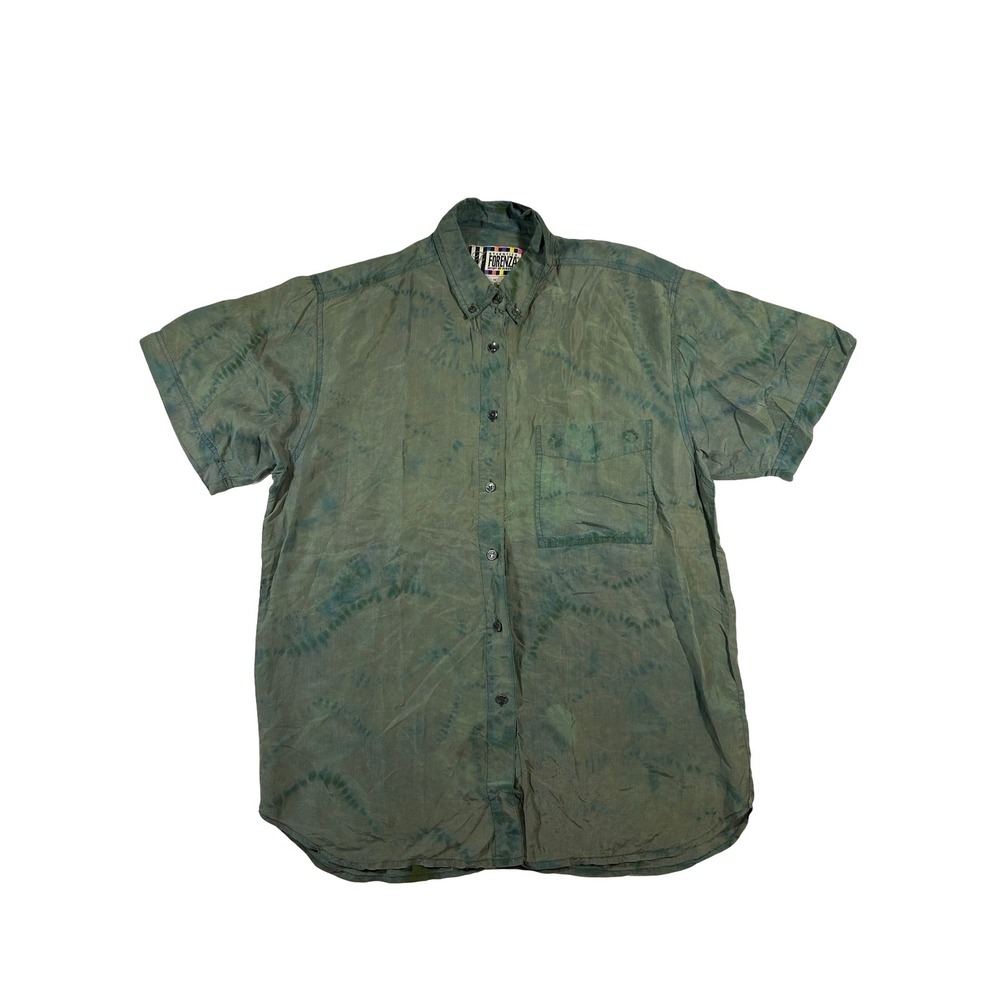 Vintage Forenza 100% Silk Tie Dye Short Sleeve Button Down Green Blue Shirt M